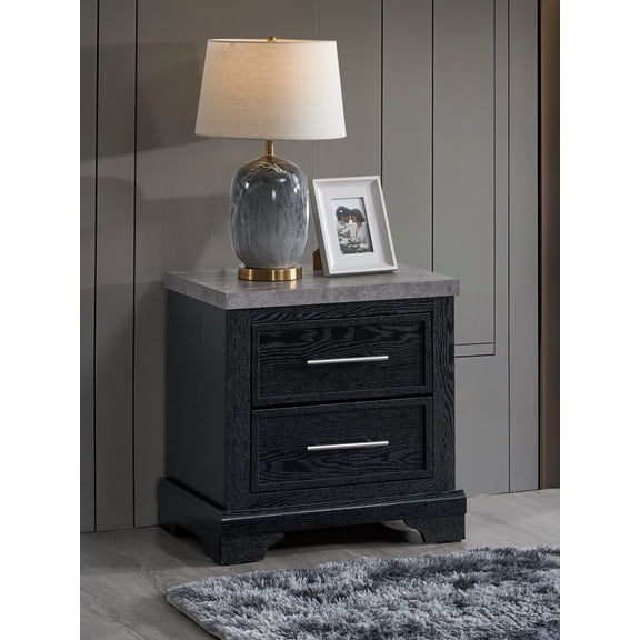 LiviNest Grande G003500-N Nightstand with Faux Granite Top, Black Wood Grain Laminate, 2 Drawer Bedside Table, Fully Assembled
