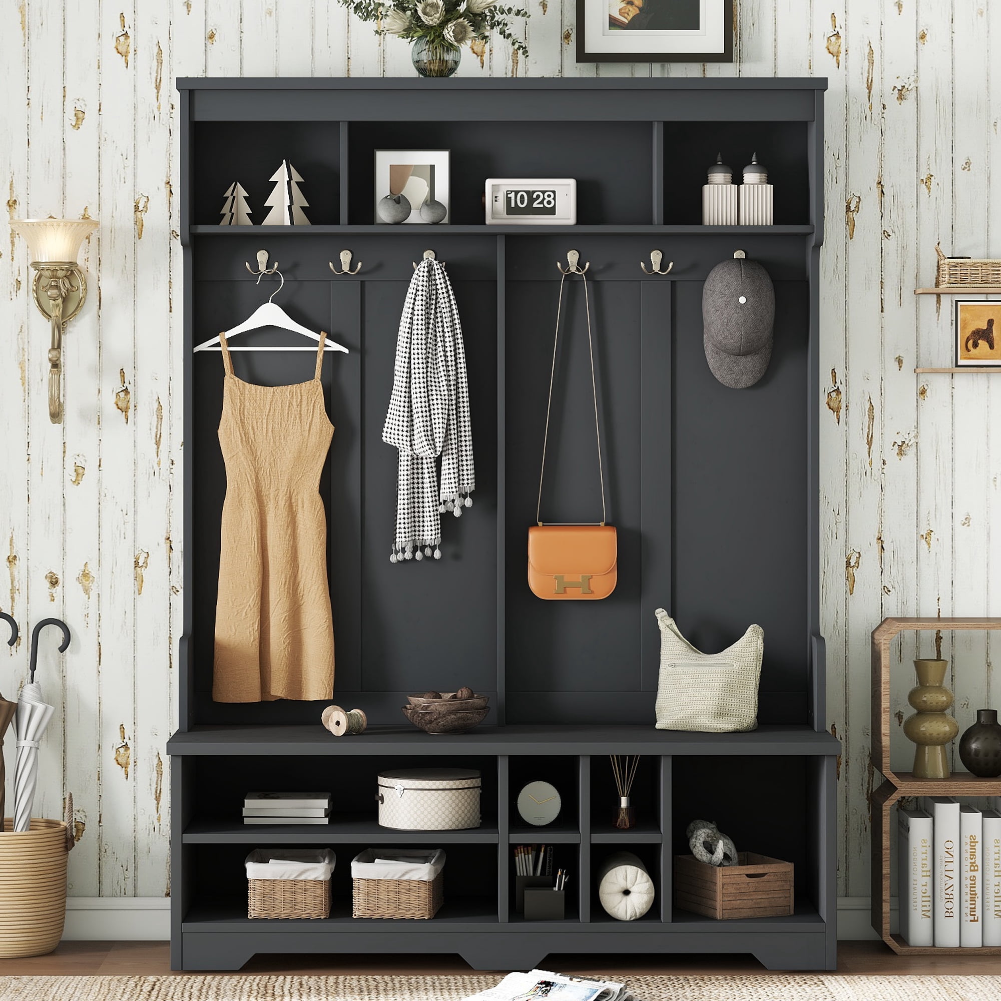 View of LiviNest Hall Tree Entryway Storage Bench: Modern Farmhouse Coat Rack ...