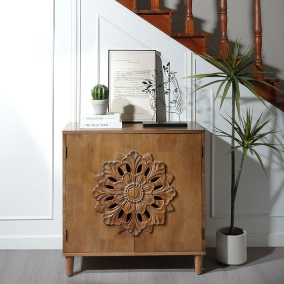 LiviNest Hand Carved Wooden Storage Cabinet: Bohemian Style Entryway Furniture for Vacation Rentals - Solid Wood Sideboard with Floral Design for Bedroom & Living Room Organization