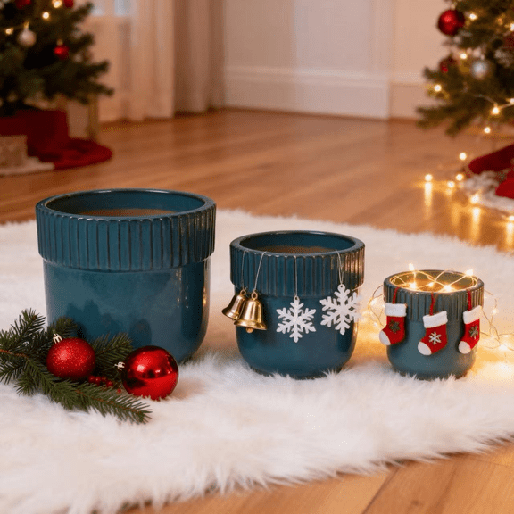 LiviNest Handmade Ceramic Planter Set of 3 - 15/12/9 Inch Graduated Sizes with Ribbed Design & Teal Glaze for Indoor Plants & Outdoor Patio Decor - High-Fired Clay Plant Pots for Monstera Fiddle Leaf