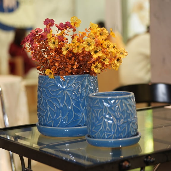 LiviNest Handmade Ceramic Planter Set: Deep Blue Leaf Pattern for Succulents & Herbs - 6" & 8" Breathable Clay Pots with Saucers for Indoor/Outdoor Shelf & Table Decor