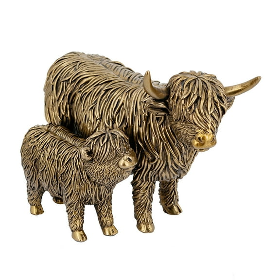 LiviNest Highland Cow Statue Bronze Finish: Scottish Animal Sculpture with Mother & Calf Design - Polyresin Home Decor for Study Room & Office Display - Cultural Accent Piece for Bookshelf & Desk
