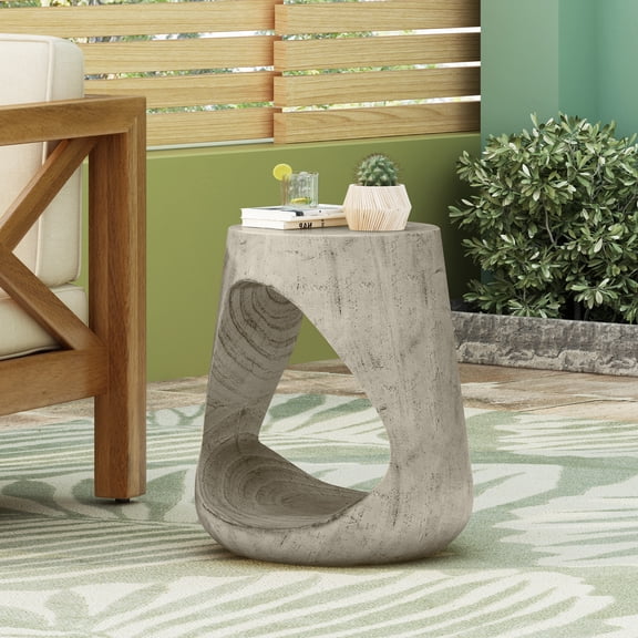 LiviNest Hollow Side Table for Patio & Balcony: MGO Wood-like Texture Outdoor End Table - 16.75 Inch Height Grey Accent Table for Plants & Decor