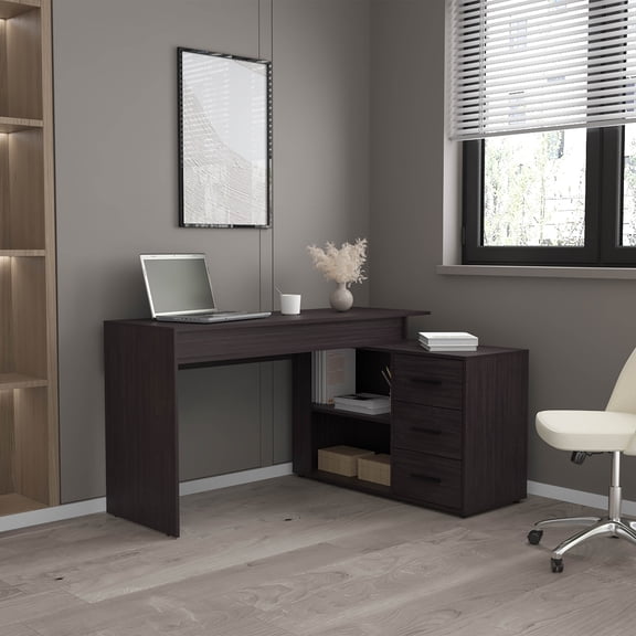 LiviNest Home Office Desk with Storage: 54"x40" All-in-One Workstation - 3 Drawers & 2 Shelves for Remote Work & Study - Black Wengue Engineered Wood