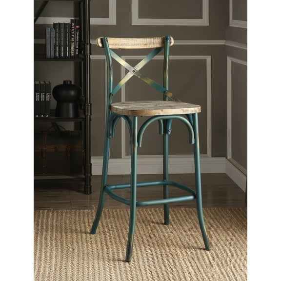 LiviNest Industrial Bar Stool with Cross Back: Antique Teal Metal Frame & Wood Seat - High Back Counter Height Stool for Kitchen Bar Dining & Retro Cafe Decor