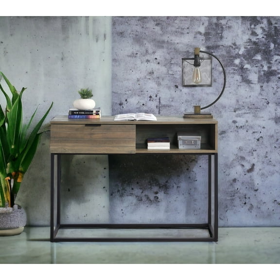 LiviNest Industrial Writing Desk with Storage: Rustic Oak & Black Metal Workstation - Creative Studio Desk for Designers & Remote Workers with Drawer & Open Storage Space