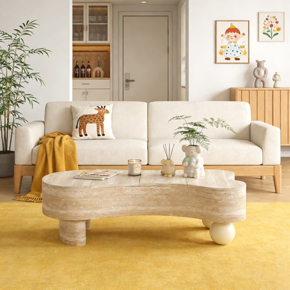 LiviNest Irregular Coffee Table with Flip Top Hidden Storage, Beige Marble-Like MDF, 47.2in for Living Room