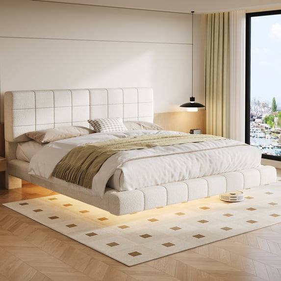 LiviNest King Size Bed Frame with RGB LED Lights & Upholstered Headboard: Modern Floating Platform Bed for Adults - APP Controlled Adjustable Lighting & Easy Clean Design for Bedroom