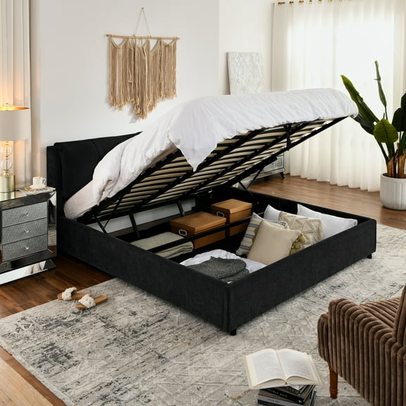 LiviNest King Size Hydraulic Storage Platform Bed, Upholstered Chenille Fabric with Integrated Headboard, No Box Spring Needed, Black