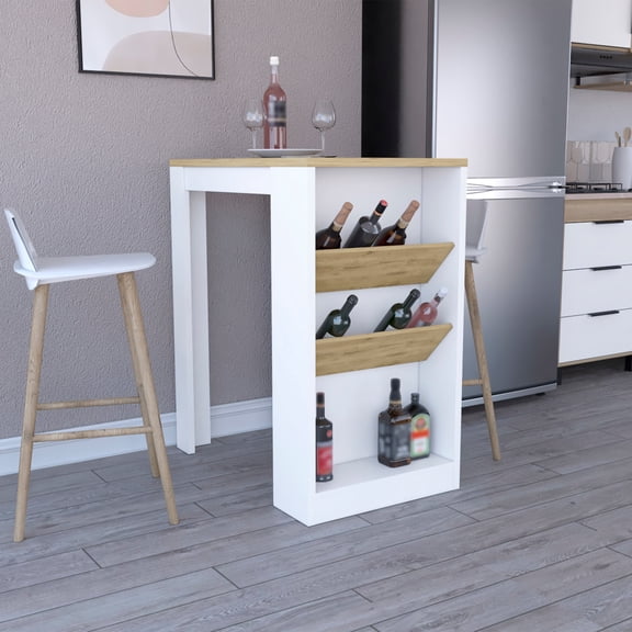 LiviNest Kitchen Bar Table with Wine Rack - Modern White & Wood Counter Height Table with Tilted Bottle Shelves - Multi-Functional Storage Solution for Home Kitchen & Dining Area
