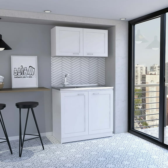 LiviNest Kitchen Cabinet Set with Sink: Modern White Compact Design for Small Spaces - Two-Tier Storage Solution for Tiny Homes & Studio Apartments