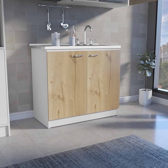 LiviNest Kitchen Cabinet Storage Modern Style: Compact Sink Base for Small Spaces - Wood Double Door Design with Two Shelves White Light Oak Finish for Apartment Kitchen Organization