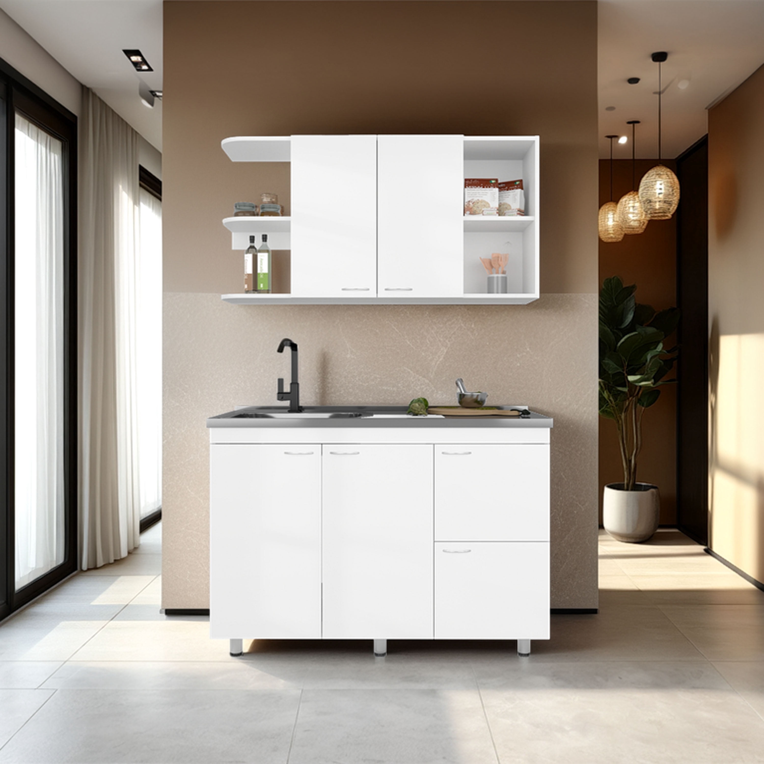 LiviNest Kitchen Cabinet Storage Set: Compact White Modern Design with ...