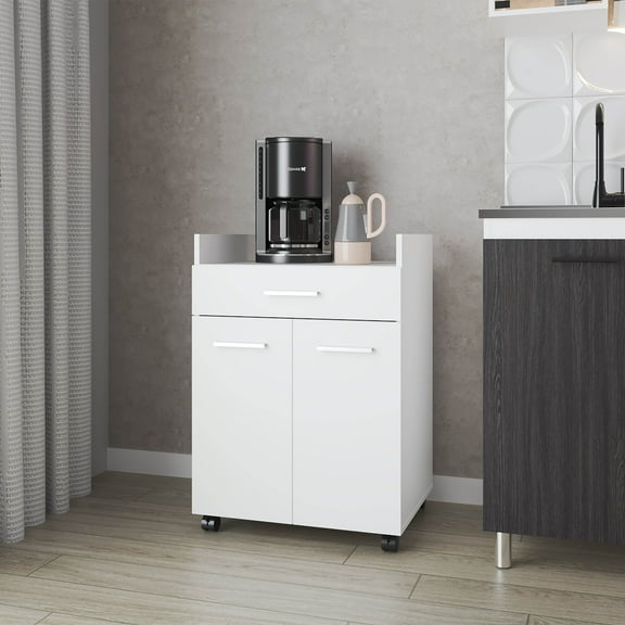 LiviNest Kitchen Cart with Storage Drawer: Compact Kitchen Island for Small Spaces - White Modern Mobile Cart with 2 Doors & 1 Drawer for Apartments & Studio Kitchens