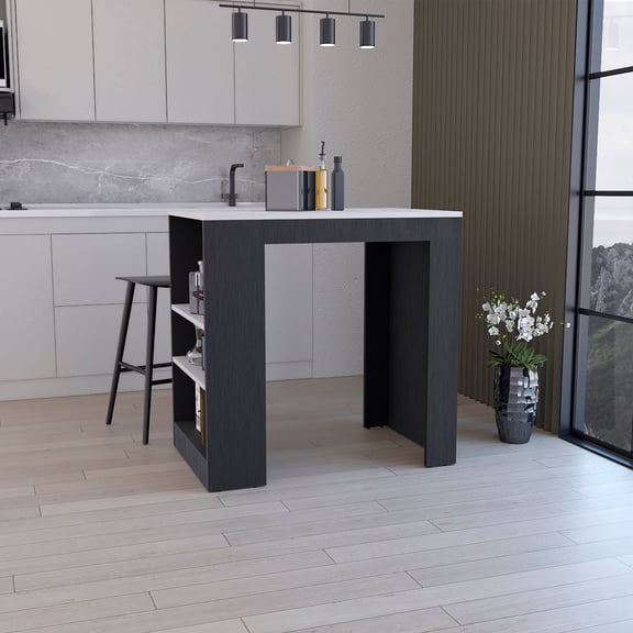 LiviNest Kitchen Island with 3-Side Shelves, 36" Counter Height Bar Table, White and Dark Gray Marble Finish, Storage Shelf for Small Apartment Kitchen