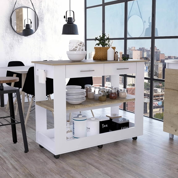 LiviNest Kitchen Island Cart with Wheels: Mobile Kitchen Cart with Two Drawers & Two Shelves - Contemporary Rustic Design for Small Spaces & Open Living Areas