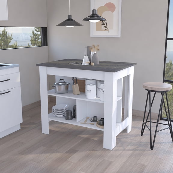 LiviNest Kitchen Island with Storage: 40.5" x 27.5" Spacious Worktop - 3 Concealed Shelves for Organized Cooking & Meal Prep - Contemporary White & Gray Stationary Island for Home Kitchen