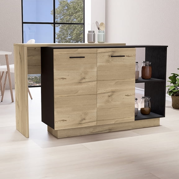 LiviNest Kitchen Island Storage Center: 5-in-1 Storage Solution with Double Door Cabinet & Shelves - Modern Black & Light Oak Design for Small Kitchen & Apartment