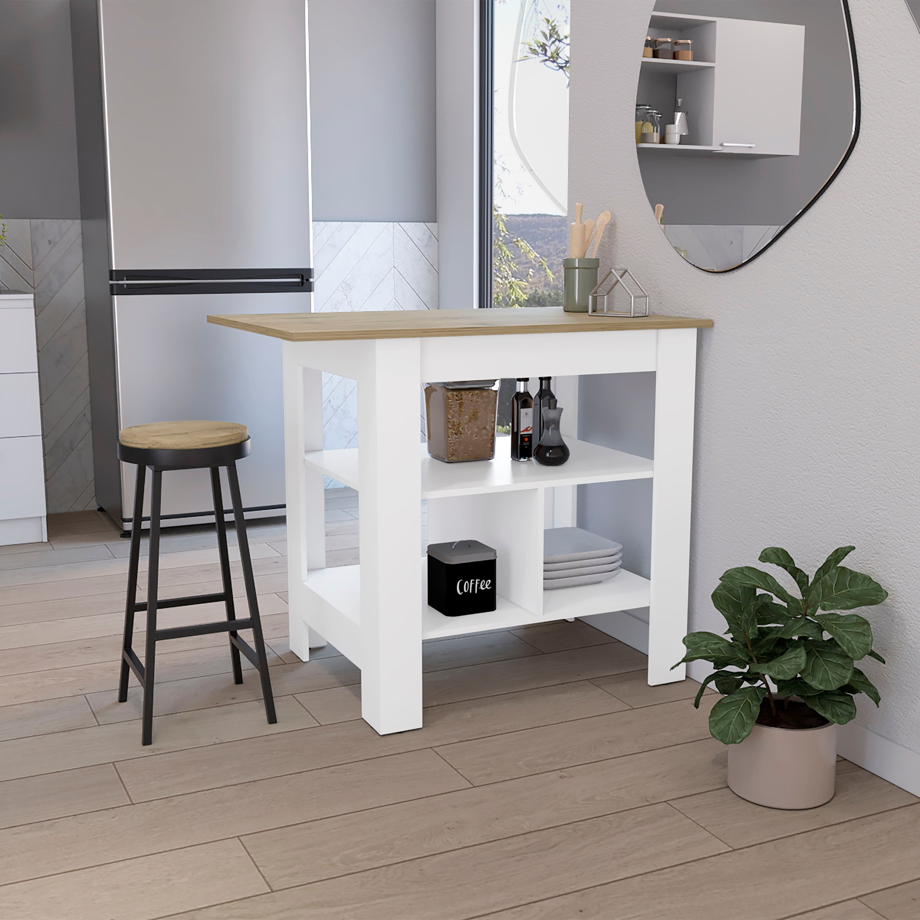 LiviNest Kitchen Island with 3 Shelves: 35" H Freestanding Cart for Small Kitchens - White & Macadamia Wooden Top for Extra Counter Space & Storage