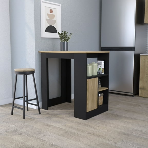 LiviNest Kitchen Island with Door and Open Storage, 36" Height Melamine in Black/Natural Oak for Small Kitchens