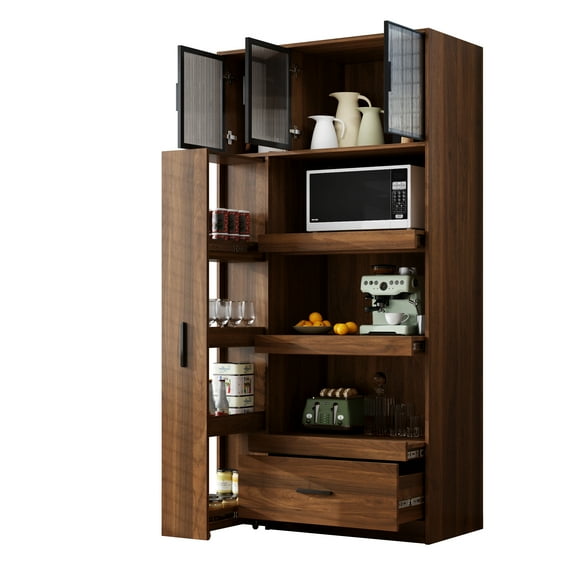 LiviNest Kitchen Pantry Cabinet: 4-in-1 Storage Solution for Small Kitchens - 70.87" Tall Freestanding Food Hutch with Pull-Out Shelves & Microwave Stand - Walnut Finish for Apartments & Dining Rooms