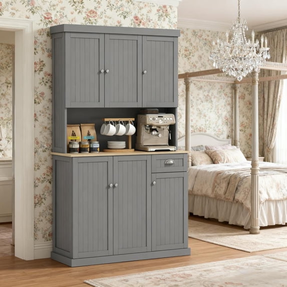 LiviNest Kitchen Pantry Storage Cabinet: Modern Farmhouse Coffee Bar Cabinet with Adjustable Shelves & Cable Management - Rustic Gray Kitchen Storage Unit for Small Spaces & Coffee Enthusiasts