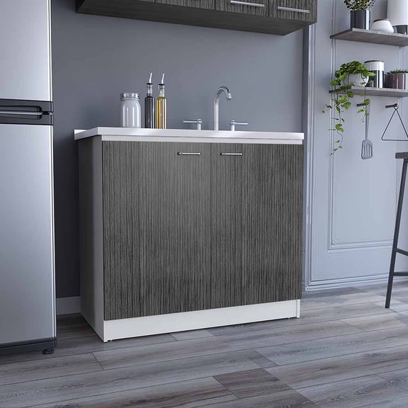 LiviNest Kitchen Sink Cabinet with Storage: Modern Freestanding Double Door Design - Two Shelves White Oak Finish Compact 20.5 Inch Depth for Small Space Home Office & Kitchen Use