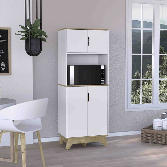 LiviNest Kitchen Storage Cabinet: Tall Microwave Stand with Upper/Lower Cabinets - Modern White & Light Oak Design for Small Apartments & Compact Kitchens