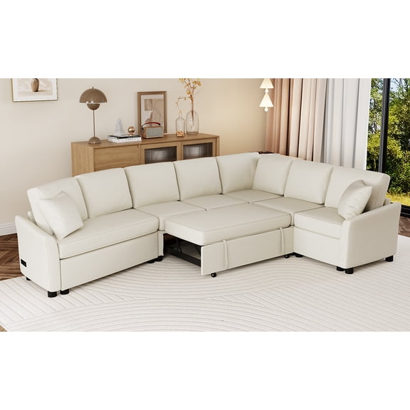 LiviNest L-Shaped Convertible Sofa Bed: 6-Seat Sofa to Full-Size Bed in 1 Minute - 4 Charging Ports for Family Movie Nights & Guest Sleepovers - Beige Chenille Fabric Sectional