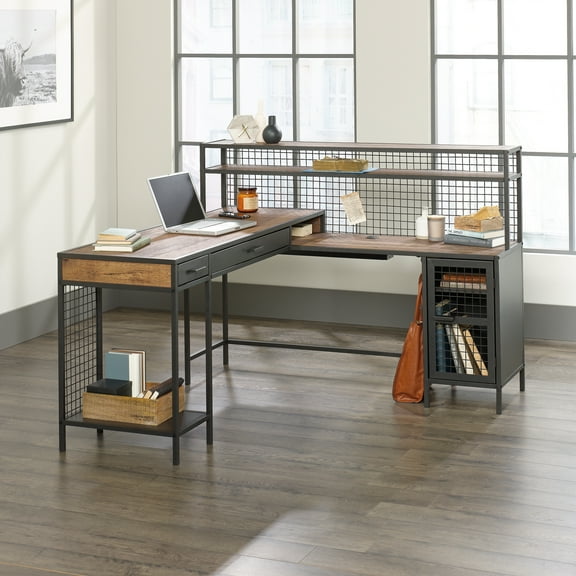 LiviNest L-Shaped Home Office Desk: 4-in-1 Storage Workstation - 2 Drawers & Shelves for Remote Work - Industrial Style Brown Finish & Cable Management