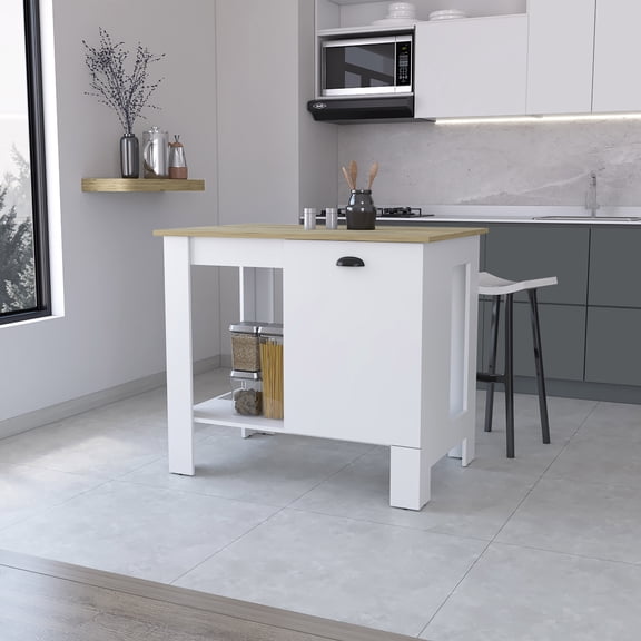 LiviNest Lander Kitchen Island with Single Door and Lower Open Shelf, 40.5 in Wide Wood Countertop for Food Prep and Hidden Storage