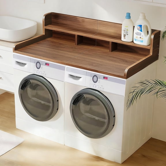 LiviNest Laundry Countertop Organizer: 58" Washer Dryer Topper with Double Storage - 28" Deep Folding Station for Laundry Room - Non-Slip Pads & 2.75" Edge Walnut MDF Board