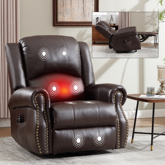 LiviNest Leather Recliner Chair with Massage - 8 Vibration Nodes & Lumbar Heat Function for Back Pain Relief - 360 Swivel Rocking Recliner with Side Pockets for Living Room & Bedroom Use
