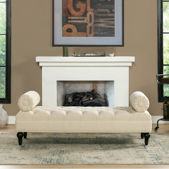 LiviNest Lewis Bolster Arm Entryway Bench, 60 Inch, Sky Neutral Beige Polyester, Low Profile 15 Inch Seat