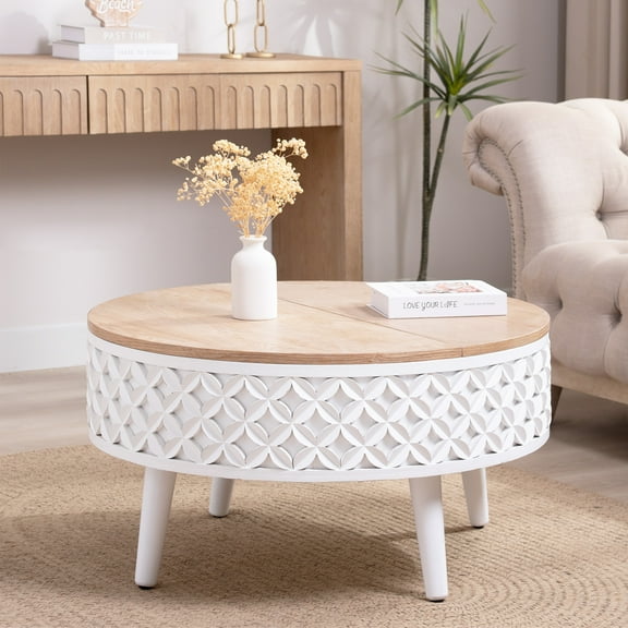 LiviNest Lift-Top Coffee Table for Apartments: 31.5" Round Storage Table - 50 lbs Hidden Compartment for Small Living Rooms - Boho Modern Farmhouse Accent Table with White Carved Base