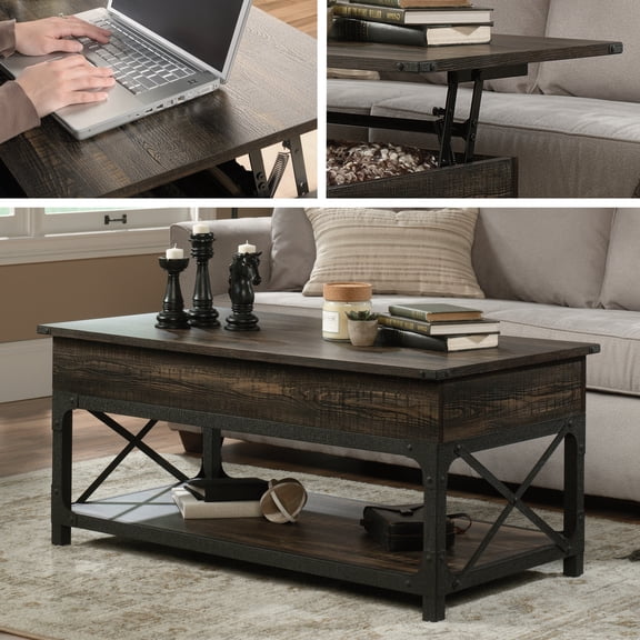 LiviNest Lift-Top Coffee Table for Small Space: 1-Table 3 Uses (Coffee Desk Dining) - 2-Tier Storage for 100+ Items - Industrial Style Brown Finish with Metal Frame