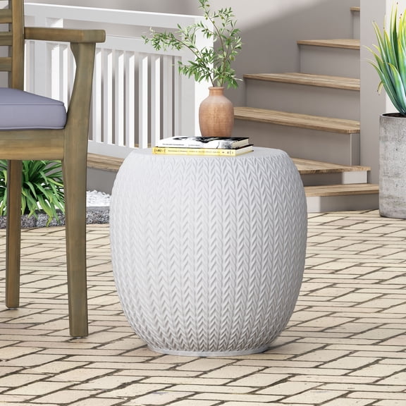 LiviNest Lightweight Concrete Side Table for Patio: 19lb Round Accent Table - Braided Pattern Outdoor Decor for Balcony Garden Porch - No Assembly Required