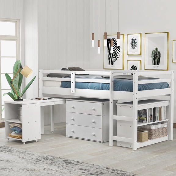 LiviNest Low Loft Bed with Desk & Storage: Space Saving Twin Study Bed for Small Rooms - White Modern Design with Rolling Desk & Bookshelf for Creative Workspaces & Studio Apartments