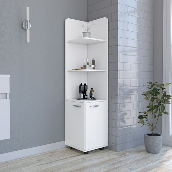 LiviNest Malibu Freestanding Linen Cabinet: 2-Door Corner Storage with Open Shelves - White Modern Bathroom Organizer for Towels & Toiletries