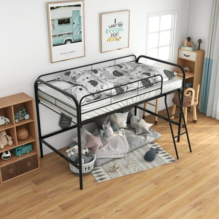 LiviNest Metal Loft Bed Twin Size: Space Saving Bunk Bed with Storage Steps - Modern Black Steel Frame for Small Apartments & Creative Workspaces, Adult Height Design with Safety Guardrails & Ladder