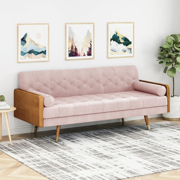 LiviNest Mid-Century Modern Fabric Sofa: Pink Tufted Upholstery with Wooden Legs & Pillows - Creative Studio Seating for Artists & Designers - Button Details & Gold Accents Living Room Furniture