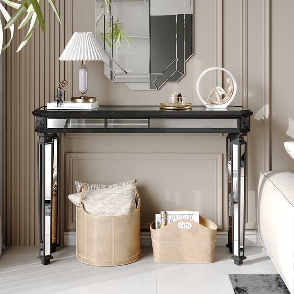 LiviNest Mirror Console Table: Vintage Wood Carving & Modern Design - Entryway Sofa Table for Living Room with Black Frame & Mirror Top (48"W x 32.3"H x 18"D)