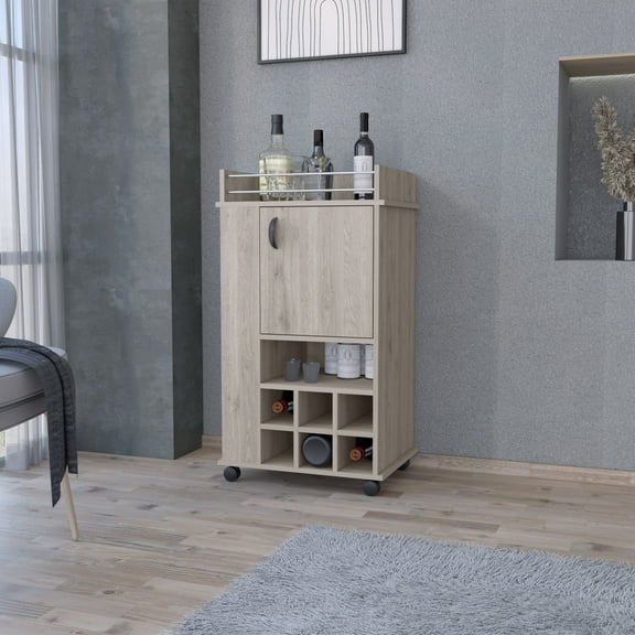 LiviNest Mobile Bar Cabinet with Wheels: Modern Rolling Bar Cart with 6-Bottle Wine Rack & Side Shelves - Creative Studio Serving Cart for Small Space Entertaining & Client Hospitality