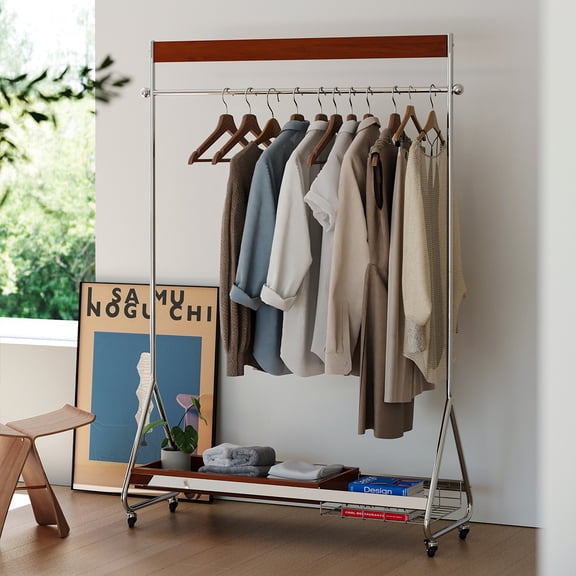 LiviNest Mobile Clothes Rack for Bedroom: 3-in-1 Rolling Storage with Wheels - Adjustable Height 156-176cm for Coats Hats Bags - Retro American Design Metal & Wood Floor Organizer