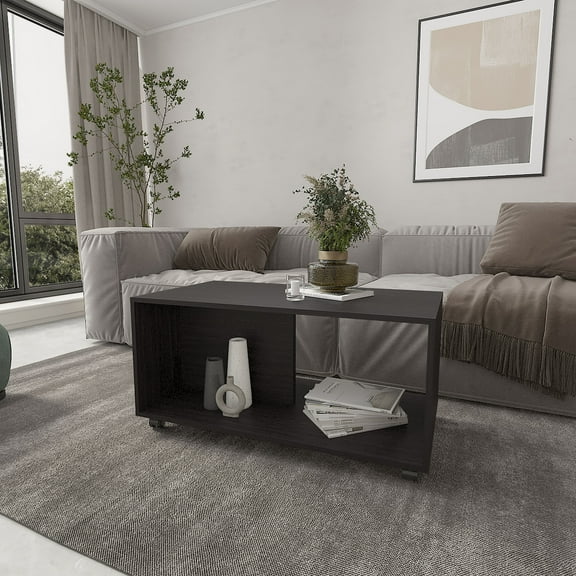LiviNest Gu Oidak Coffee Table with Caster Wheels and Open Storage, Wengue