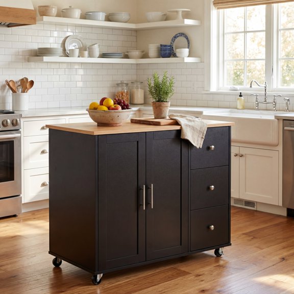 LiviNest Mobile Kitchen Island Cart: 5-in-1 Storage Cart with Wheels - 2 Doors & 3 Drawers for Small Kitchen Organization - Black Rolling Utility Cart for Dining Room & Apartment