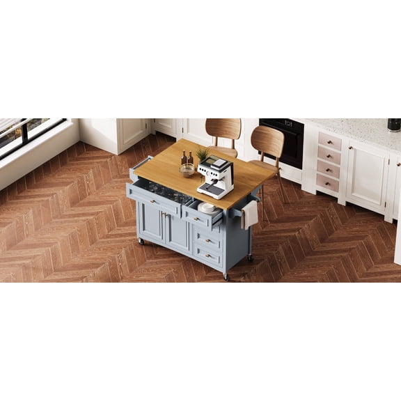 LiviNest Mobile Kitchen Island Cart: 52" Drop Leaf Kitchen Island on Wheels with 7-in-1 Storage - 2 Doors & 5 Drawers with Spice Rack & Towel Rack for Kitchen Organization - Blue Grey