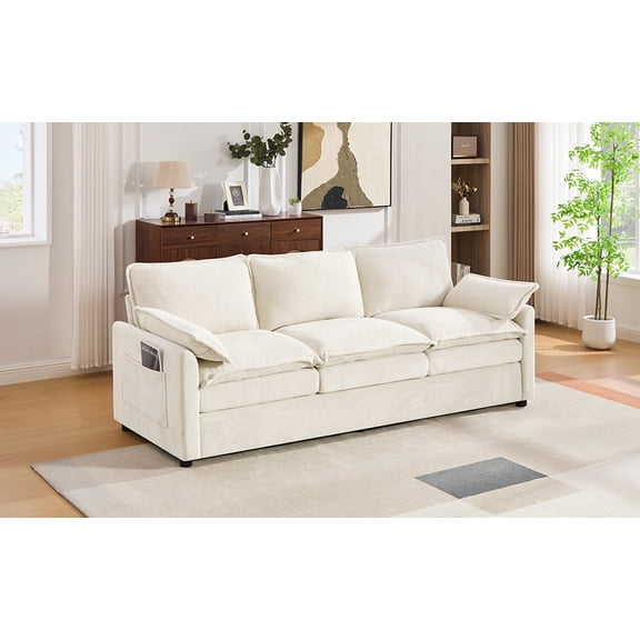 LiviNest Modern 3-Seater Sofa, 88.2" Plush Faux Fur Couch with Side Storage Pockets, Double-Layer Cushion and 2 Lumbar Pillows for Living Room, Apartment, Beige