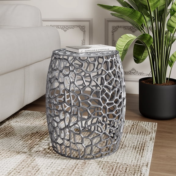 LiviNest Modern Aluminum End Table: 16lb Lightweight Drum Side Table - 360 Abstract Mesh Design for Living Room & Apartment - Handcrafted Silver Nickel Accent Table