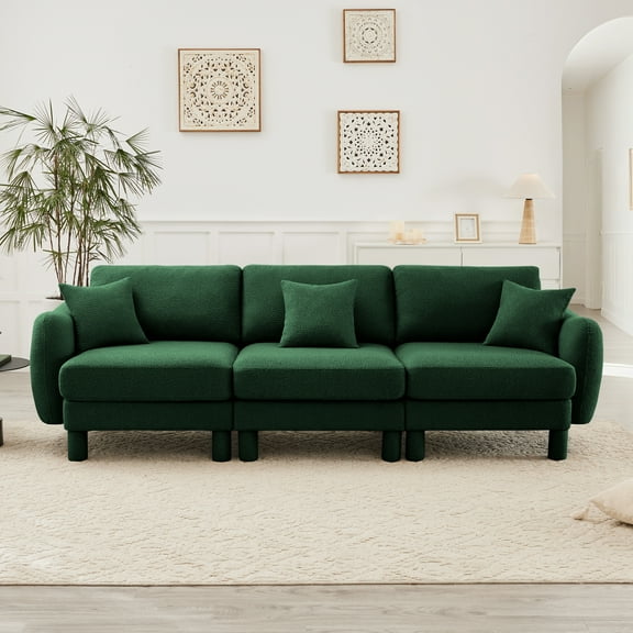 LiviNest Modern Boucle Sofa for Living Room: 3-Seater Green Couch with Shell-shaped Armrests - 300lbs/Seat Weight Capacity & Spring Coil Support for Family Movie Nights & Relaxation